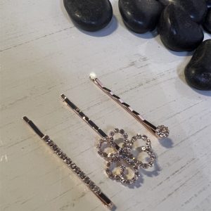 Σετ 3 τμχ Τσιμπιδάκια gold rose με λουλούδι και διαμάντια