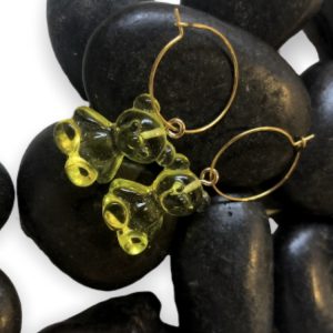 Σκουλαρίκια κρεμαστά διαφανές κίτρινο με αρκουδο