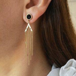 Σκουλαρίκια ατσάλι κρεμαστά με μαύρη πέτρα