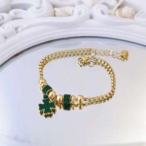Βραχιολι με τριφύλλι πράσινο  απο επιχρυσωμένο ατσάλι